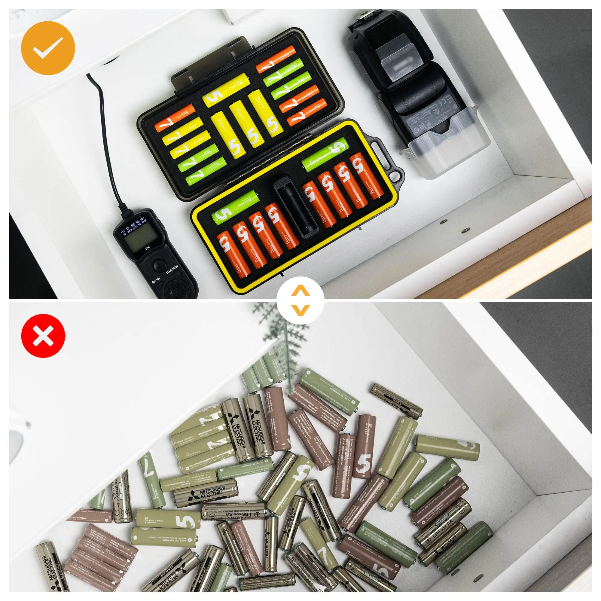 AA AAA 배터리 보관 케이스 거치대, 배터리 테스터 포함, 방수 하드 배터리 정리함 용기, 14 x AA 및 10 x AAA 배터리