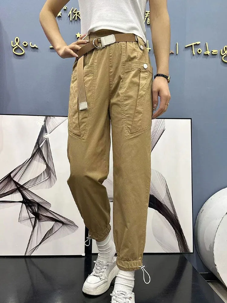 

Брюки-султанки женские из хлопка и льна, свободные штаны до щиколотки с эластичным поясом, однотонные повседневные штаны с большими карманами, лето 2023