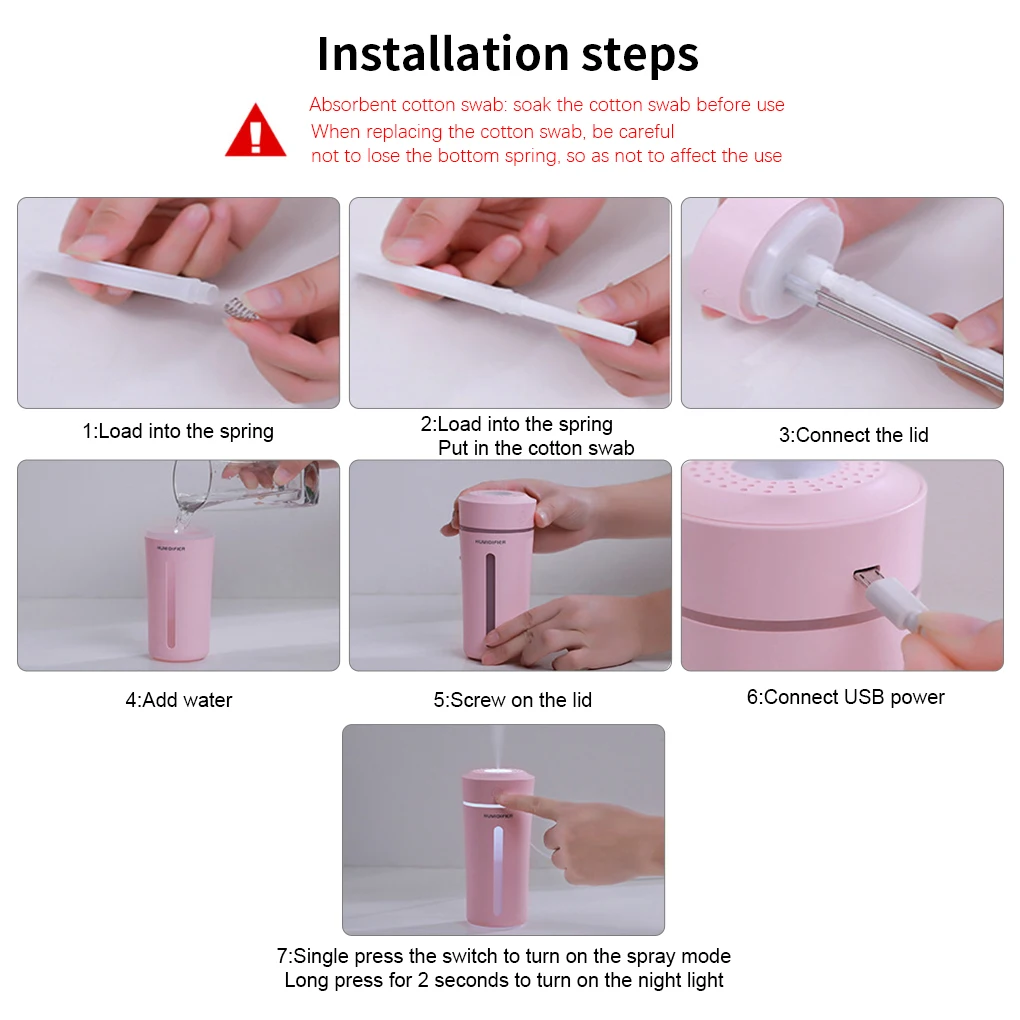 USB 가습기 LED 충전식 홈 데스크탑 아로마 디퓨저, 휴대용 여행 오일 에센셜 미스터 사무용품, 핑크