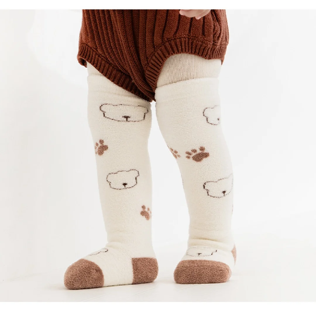 3 Pairs Winter Newborn Baby Long Socks Set Fleece Lined Thickened Warm Cartoon Socks Loose Cuff Seamless No Bone Socks