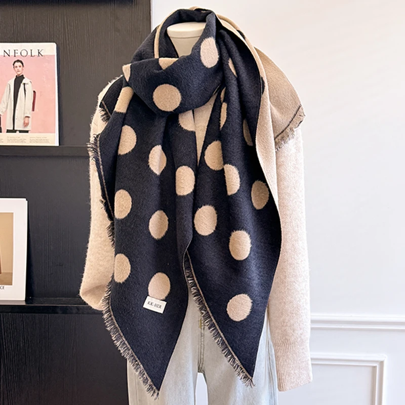 2025 Luxury Brand Women's Cashmere Scarf - Winter Warm Tasseled Striped & Polka Dot Printed Pashmina Shawl, Foulard & Poncho