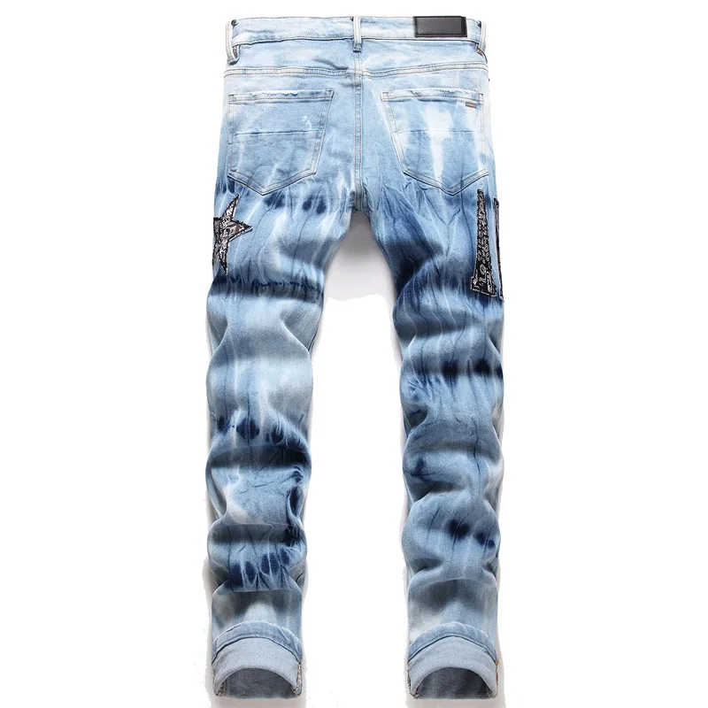 Alta Qualidade Carta Estrela Jean Homens Bordados Patchwork Rasgado Jeans Para Homens Tendência Marca Motocicleta Calça Mens Jean Skinny