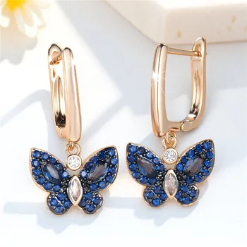 Female Luxury Blue Zircon Small Stone Cute Butterfly Hoop Earrings For Women Vintage Fashion Gold Color Wedding Jewelry