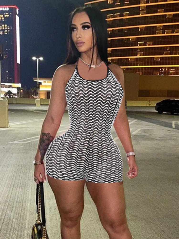 

Striped Print Halter Lace Up Playsuits Women Sexy Backless One Piece Rompers Summer 2023 Fashion Overalls Streetwear