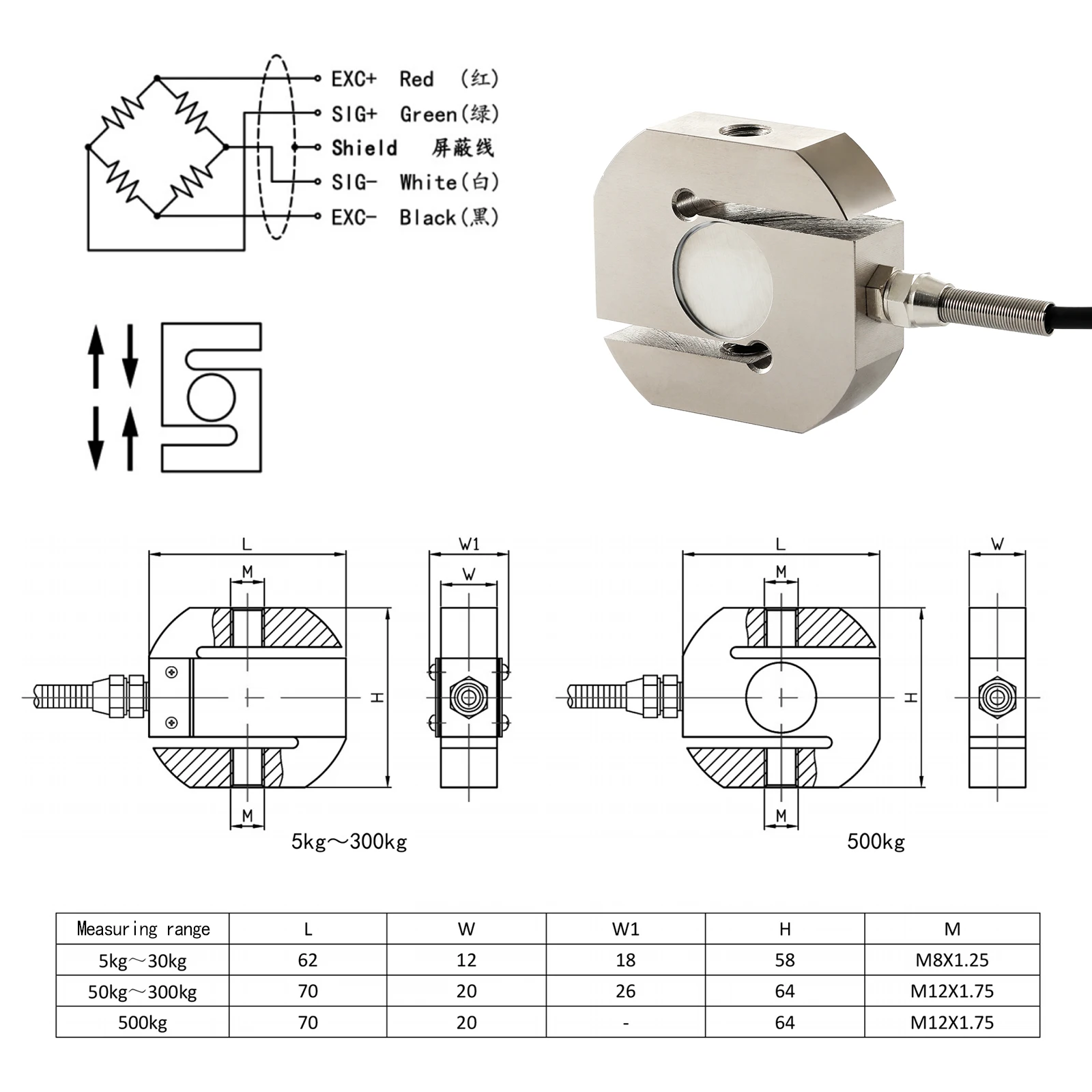 Load Cell Tension Scale Column S-Type Compression Weigh Sensor Electronic Force Beam Pressure Weight 3/5/10/20/30/50KG