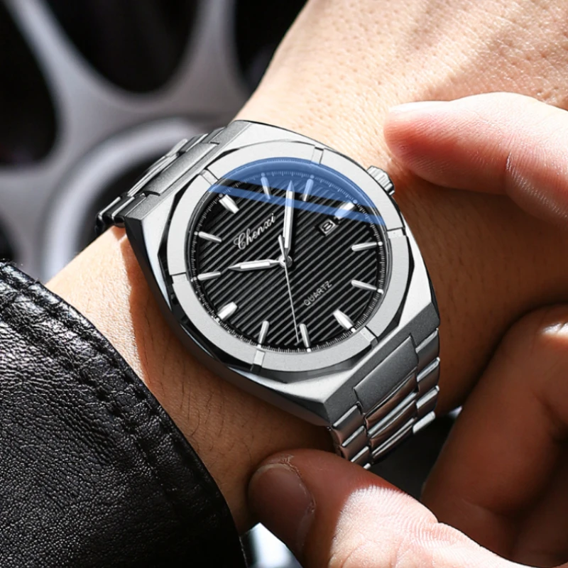 

Fashion Simple Irregular Shape Quartz Wristwatches Luminous Complete Calendar Hardlex Stainless Steel Band luxury watch Men