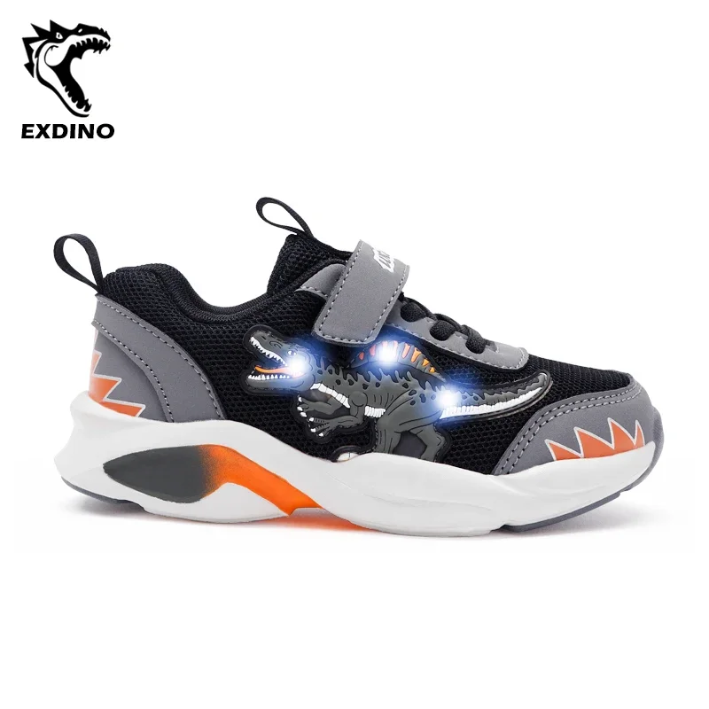 EXDINO Children LED Dinosaur Mesh Autumn Light Up Training Shoes Little Boy Spinosaurus Kids Flashing Sports Sneakers Breathable