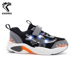 EXDINO Children LED Dinosaur Mesh Autumn Light Up Training Shoes Little Boy Spinosaurus Kids Flashing Sports Sneakers Breathable