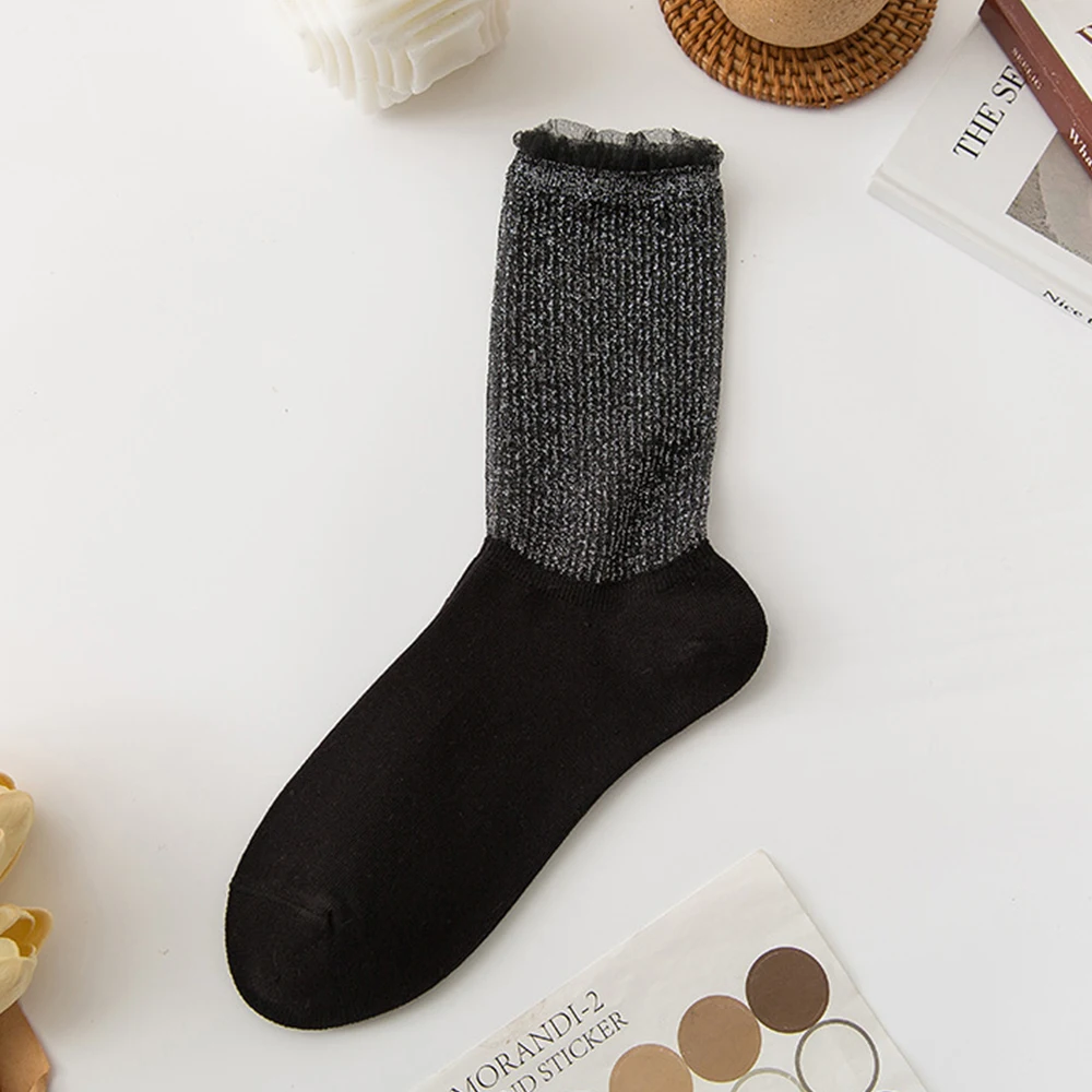 Fashion Gold Silver Thread Socks Women 6Pairs Shiny Lace Solid Color High Quality Cotton Soft Breathable Comfortable Girl Socks