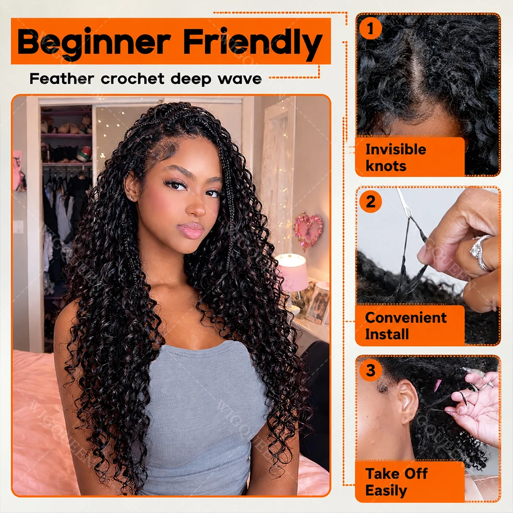 15A Small Spirals Curly Miracle Knots Feather Crochet Human Hair For Boho Braiding Invisible Knot PreSeparated Knotless Kinky Curly Crochet Human Hair Extensions Reusable Pre looped Natural Black Crochet Bundles With String Bulk 100% Human Hair Extensions 4