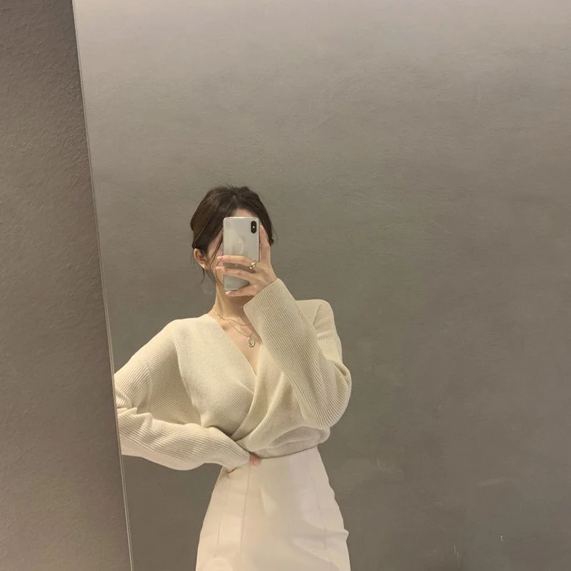 S443cc2c82648497d91927e40bdfb14fdL Black Sweaters Women Korean Irregular V Neck Knitted Pullovers Office Lady Elegant Knitwear Autumn Winter Solid Jumpers Mallzona