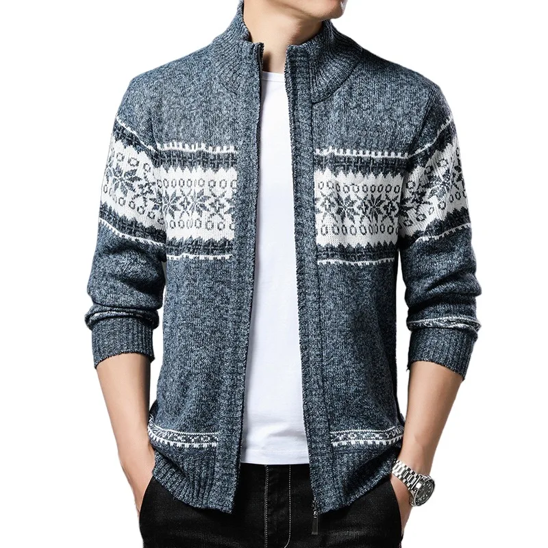 Colored men's stand up collar, thickened insulation, plush knitted cardigan, autumn and winter sweater, outerwear, men's sweater