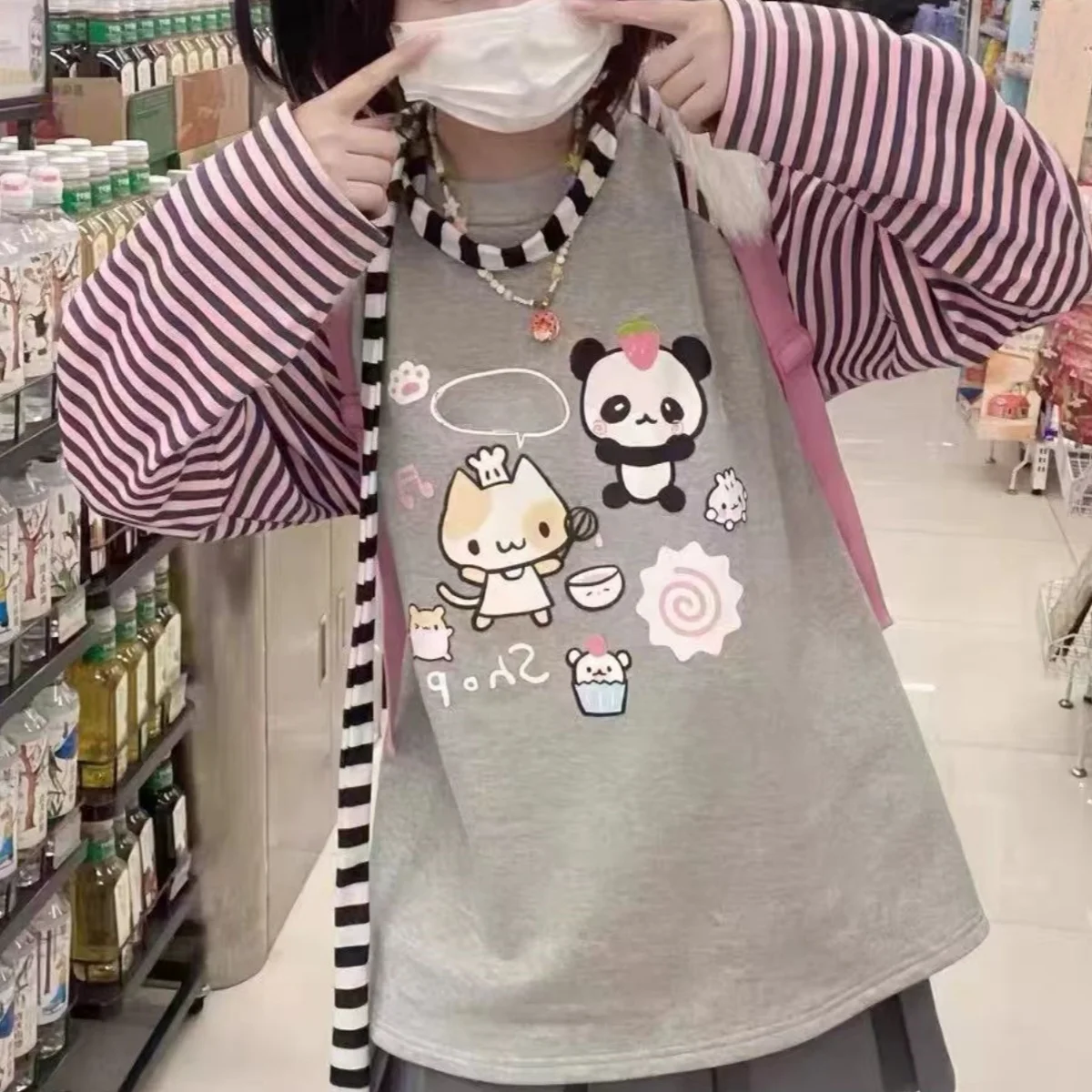 Cartoon Print Cute Girl's Casual Tops & Tees New Matching Sweet Female T-shirts Y2K Youth Women's Blouses Kawaii Cotton T-shirts 4