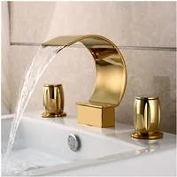 Elegant Waterfall Double Handle Bathroom Sink Faucet Arc Waterfall Spout Bathtub Filler Faucet with Three Holes Widespread 1