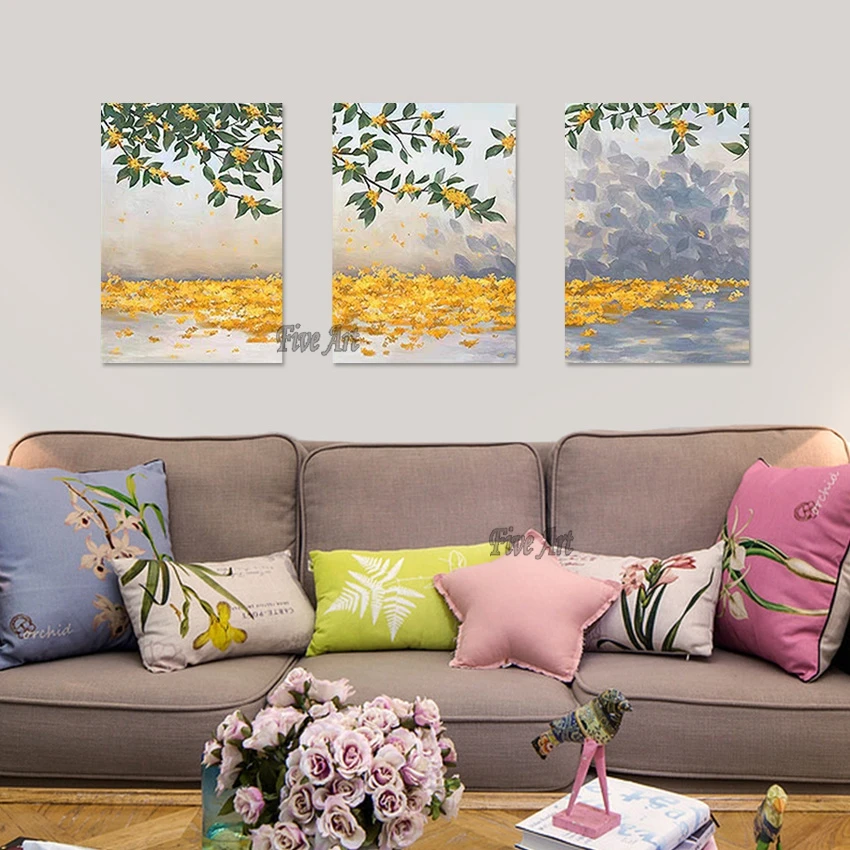 

3 Panel Canvas Wall Art Autumn Leaves Newest Handpainted Modern Abstract Acrylic Oil Painting Quality Artwork Interior Picture