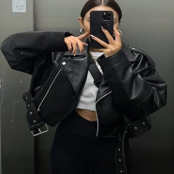HXAO فو سترة جلدية امرأة معاطف قصيرة حزام المرأة موتو السائق جاكيت زيبرا الشارع ارتداء طويلة الأكمام اقتصاص سترة سوداء 4