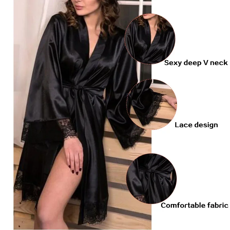 

Two Pieces Women Silk Stain Lace Sexy Nightdress V-Neck Nighty Long Sleeve Printed Lingerie Robe Pajamas Sleepwear