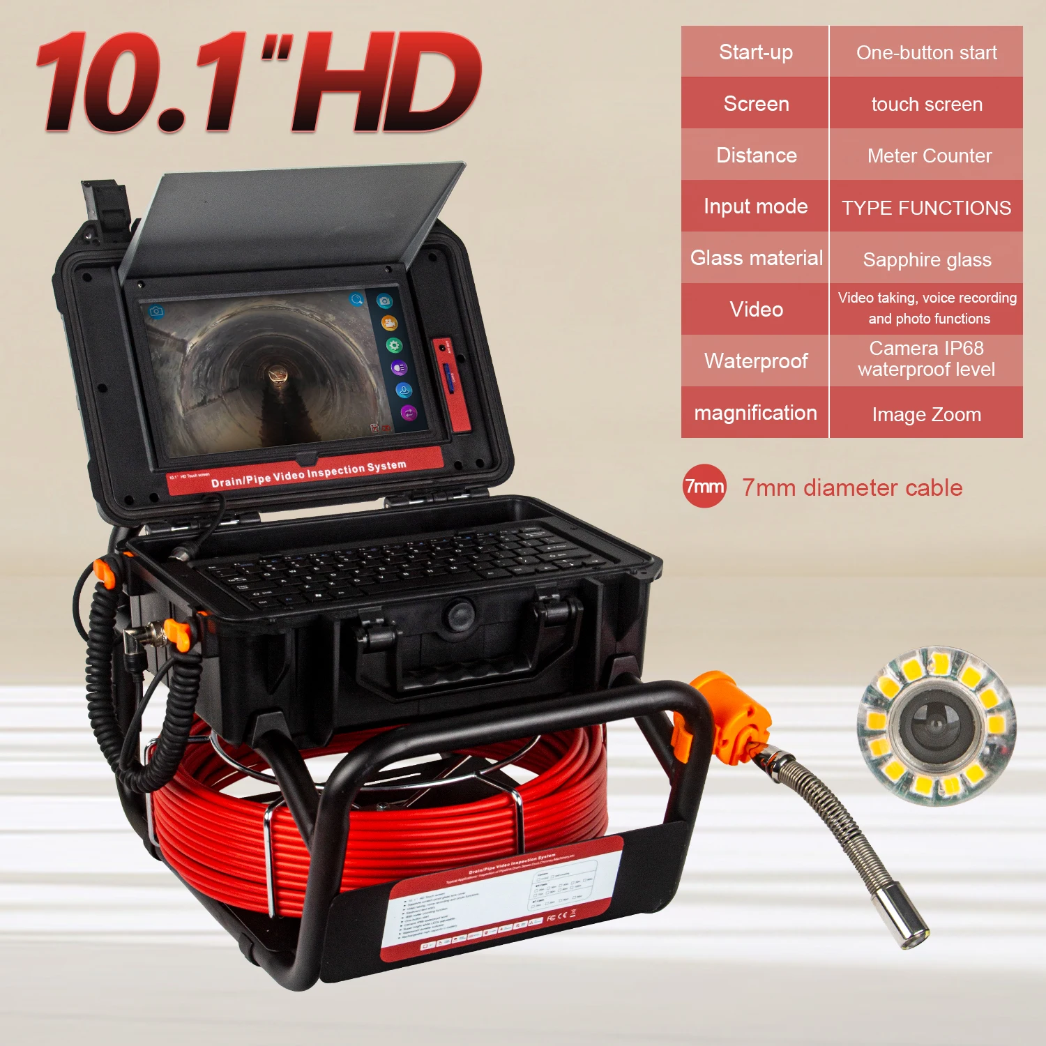 Pipe Inspection Camera 10.1+1080P Screen and Self-Leveling 512HZ Locator Video+Audio Recording 8X Image Enlarge+Meter Counter