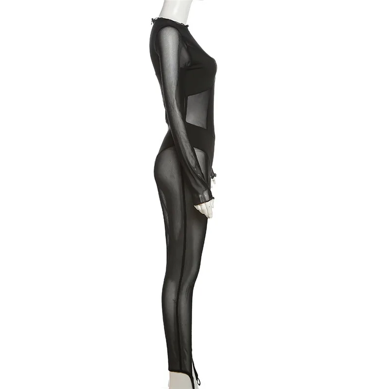 Underwear Patchwork Sheer Mesh Long Jumpsuits Women Sexy See Through Zipper Long Sleeve Skinny Club Party Rompers Slim Overalls