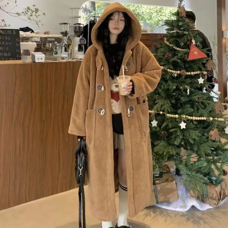 2023 Winter New Women Lamb Wool Coat Female Long Below The Knee Fashion Cow Horn Button Outcoat Loose Hooded Warm Cotton Outwear
