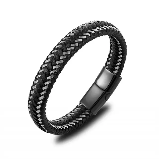 Classic Black Leather Wrap Bracelet for Men Metal Magnetic Clasp Fashion Bangle Bracelet Birthday Gift LZ8038-Black-23cm