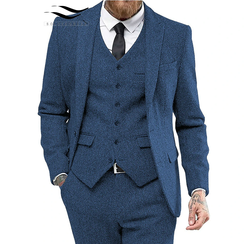 

Men's Bussiness Suit 3 Piece Tweed Herringbone Notch Lapel Wedding Suits Groom Tuxedos Formal Suit(Blazer+vest+Pants)