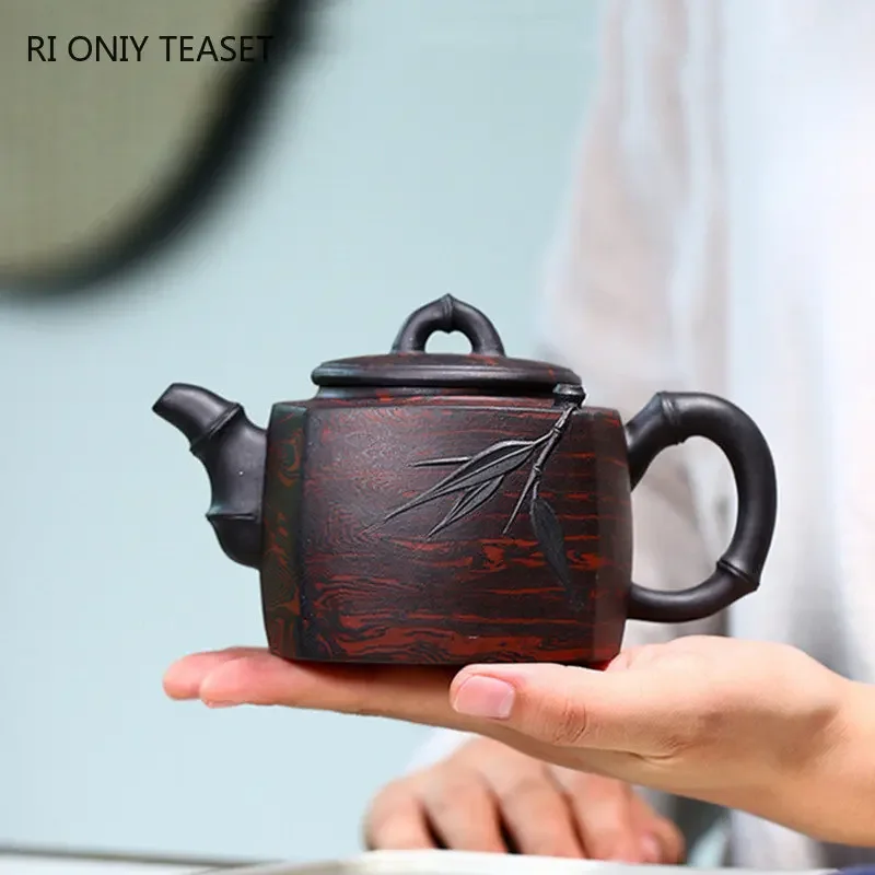 

130ml Chinese Yixing Raw Ore Purple Clay Teapots Large Capacity Handmade Bamboo Leaf Tea Pot Beauty Kettle Famous Zisha Tea Set