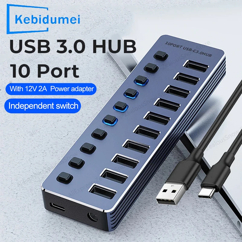 Aluminum 7-Port USB 3.0 Hub with On/Off Switches and Power Adapter