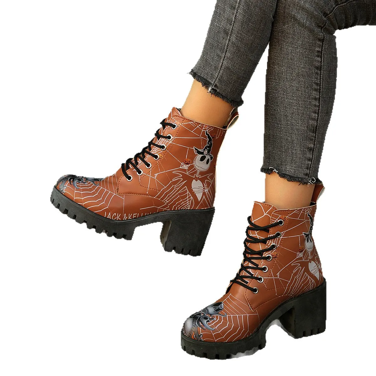 Halloween Platform Ankle Boots for Women Cartoon Skull Pumpkin Print Boots Woman Thick Bottom High Heel Lace Up Booties Ladies