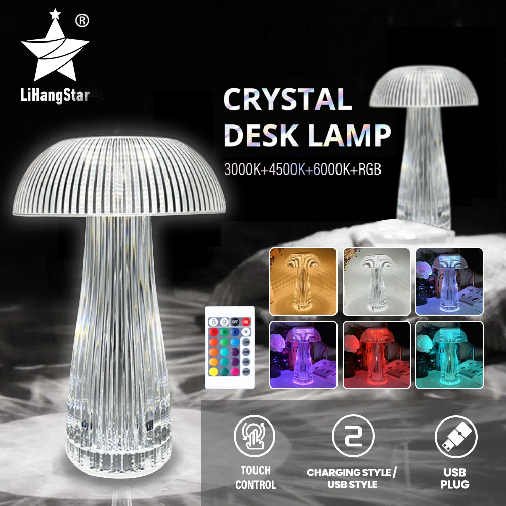 Lampe de Table LED en cristal pour champignon, télécommande, lumière à intensité tactile, méduse, diamant, décoration de chambre à coucher, Restaurant, Bar