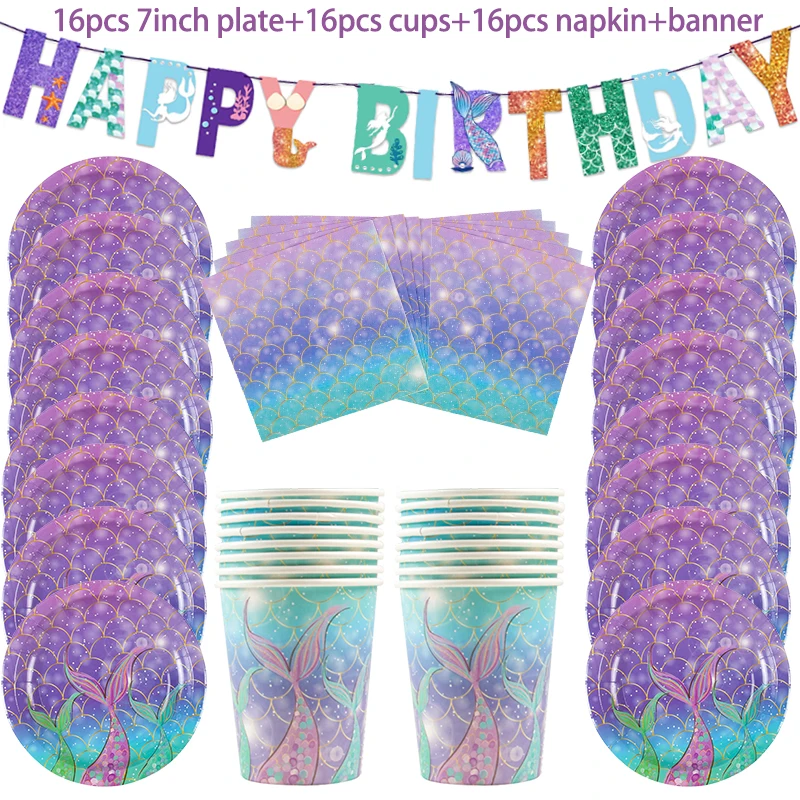 Mermaid Party Supplies Set - Disposable Plates Cups Napkins for Girls Birthday  Baby Shower