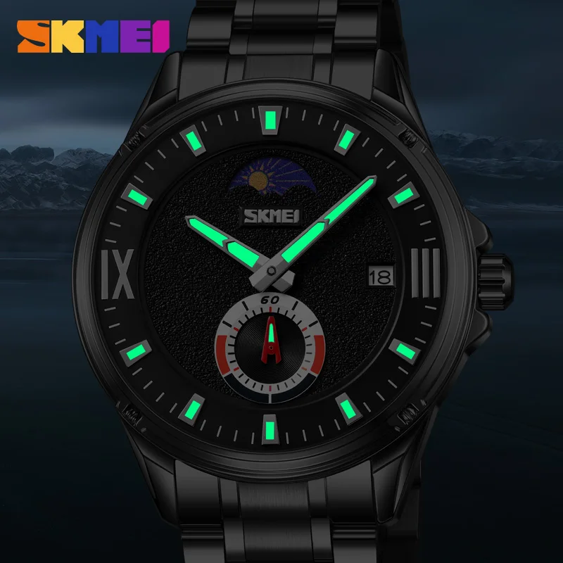 SKMEI Fashion Stainless Steel Quartz Man Watch Date Lunar Phase Casual Waterproof Men's Wristwatch Male Clock Relogio Masculino