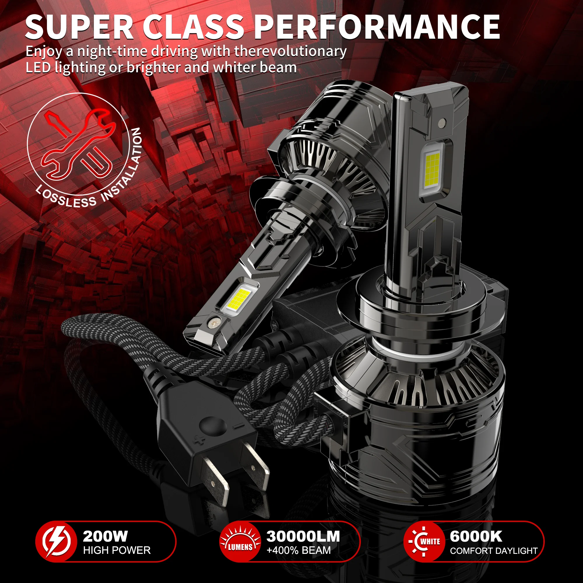 2pcs H7 LED Car Headlight Bulbs 30000LM H4 H1 H11 H8 H9 9005 9006 HB3 HB4 9012 200W Auto Lamp canbus 6000K white light With fan