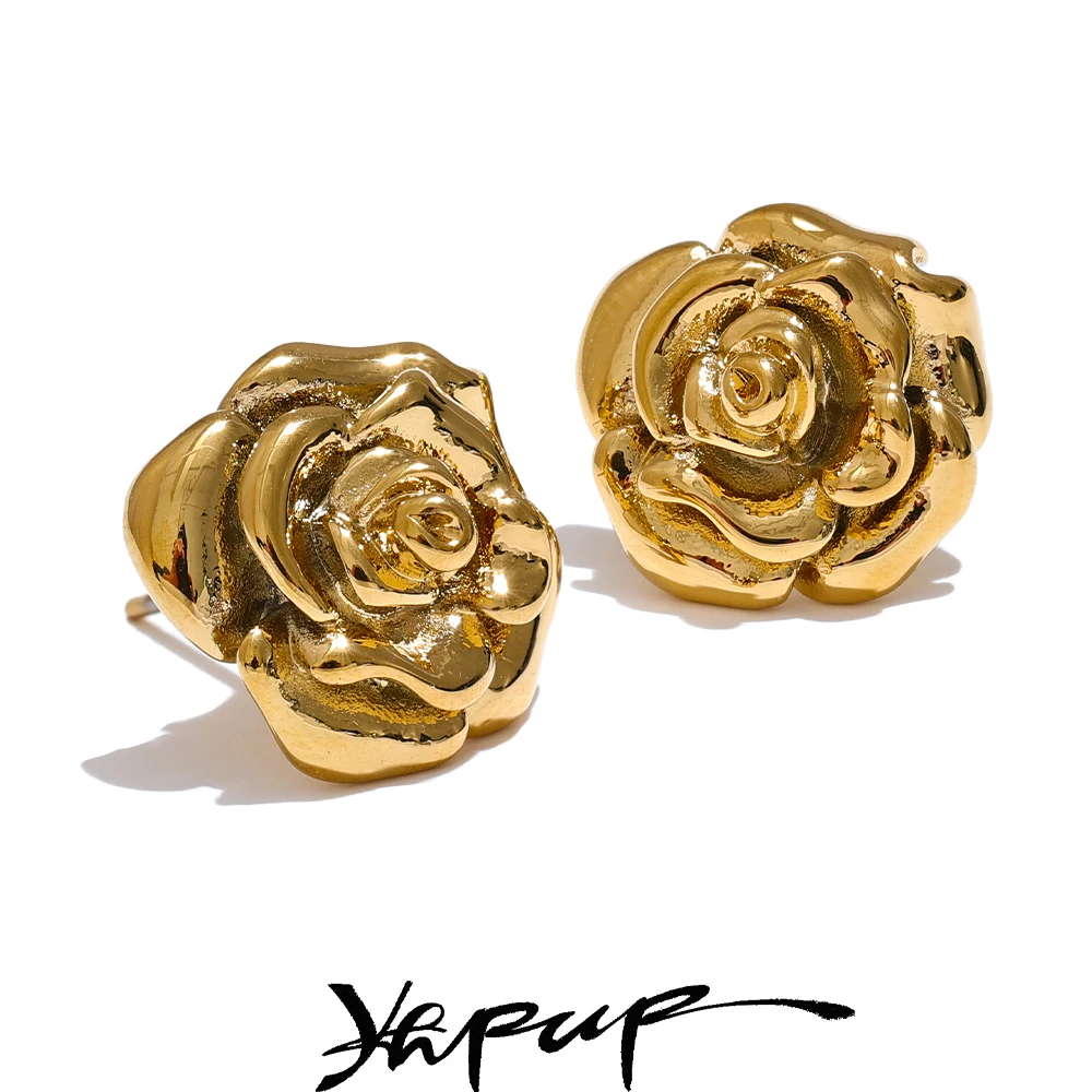 Yhpup  Stainless Steel Rose Flower Waterproof Daily Stud Earrings for Women Stylish Texture Gold Color Plated Jewelry Bijoux 1