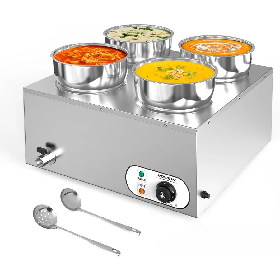 ROVSUN Electric Soup Warmer 30QT Commercial Food Warmer Steam Table Countertop Bain Marie with Four 7.4QT Pots 86185F Adjustabl
