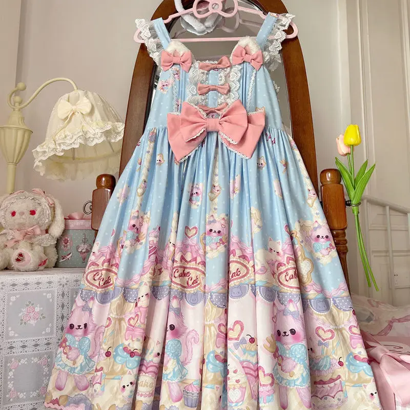 [Cute Cat Pastry Chef] Lolita Jsk Print Cute Suspenders Cute Jsk Dress Summer Sweet Kawaii Dress Harujuku Vintage Cartoon
