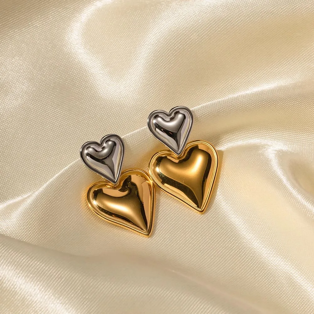 Wasserdichte große Doppel-Herz-Anhänger-Ohrringe, vergoldeter Edelstahl, Modeschmuck, Geschenke für Frauen und Damen – Detail 4