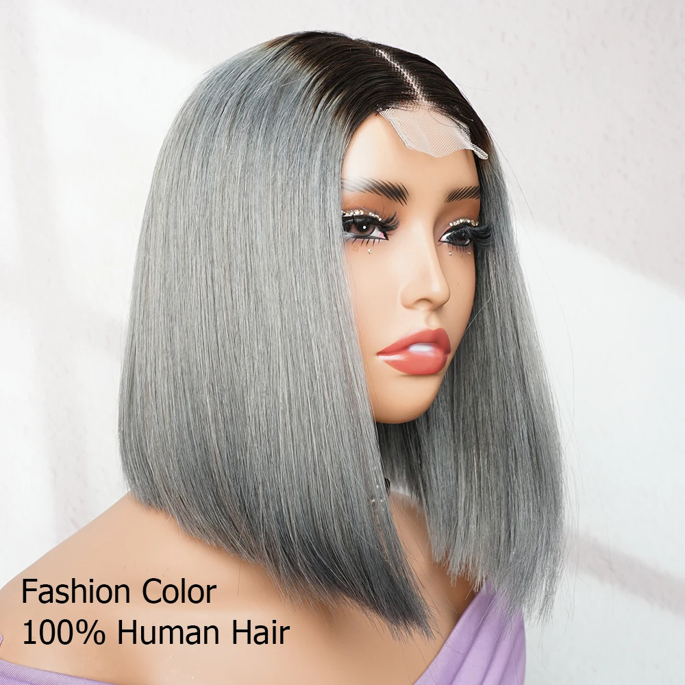 Ombre Grey 2x4 Lace Front Bob Wig Blunt Cut 100% Human Hair 300