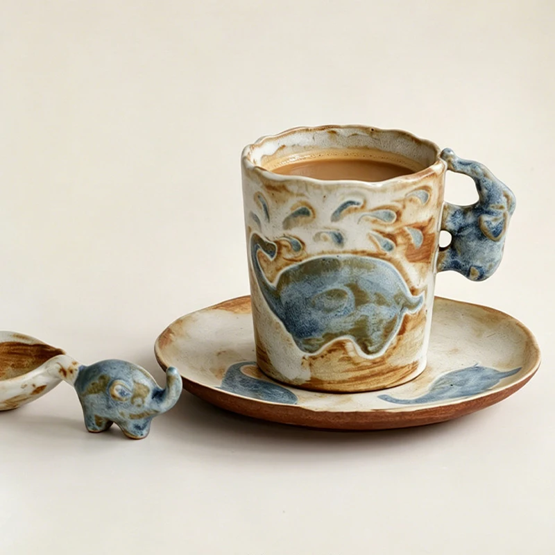 Japanese Elephant Ceramic Coffee Cup and Saucer Set Retro Kiln Mug with Spoon Home Coffee Table Decoration for Girls As A Gift 1