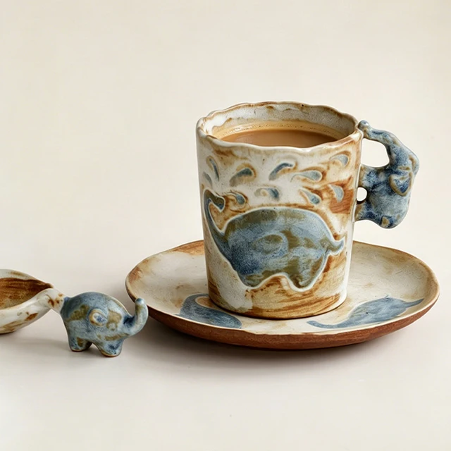 Japanese Elephant Ceramic Coffee Cup and Saucer Set Retro Kiln Mug with Spoon Home Coffee Table Decoration for Girls As A Gift 1