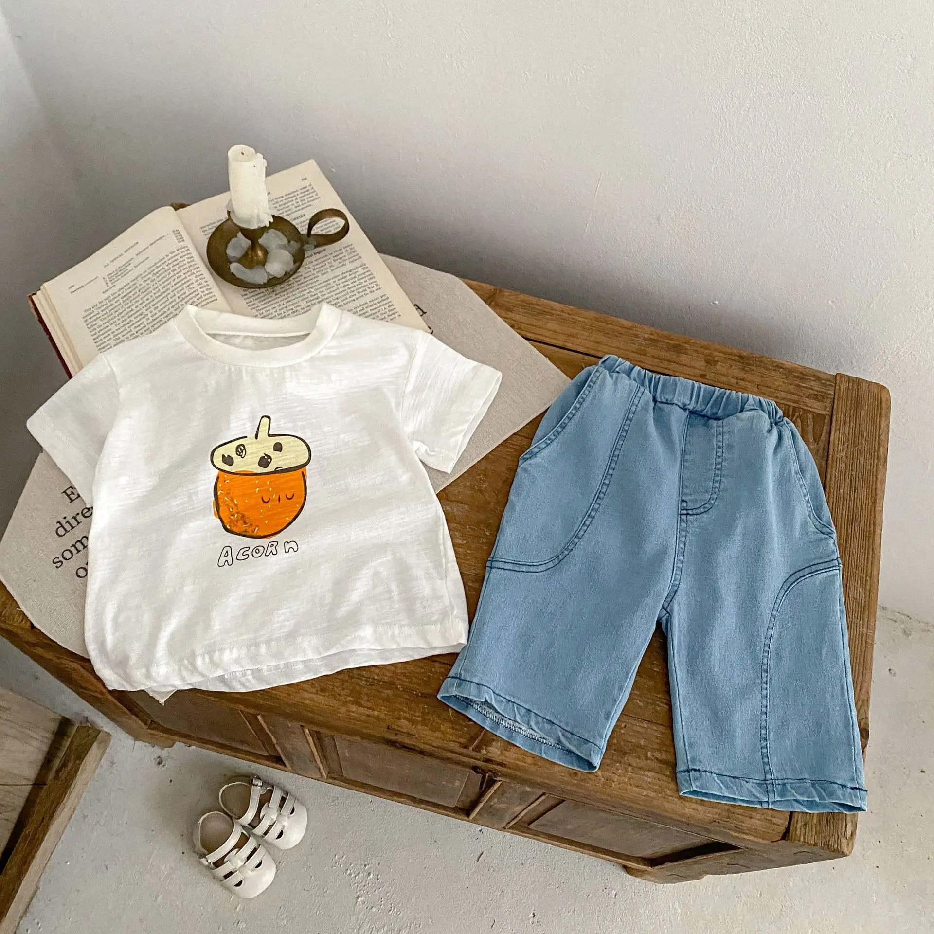 데님 반바지 남녀공용 루즈핏 크롭 팬츠, 단색 캐주얼 팬츠, 다용도 청바지,  의류, 어린이 패션, 2024 여름 신상