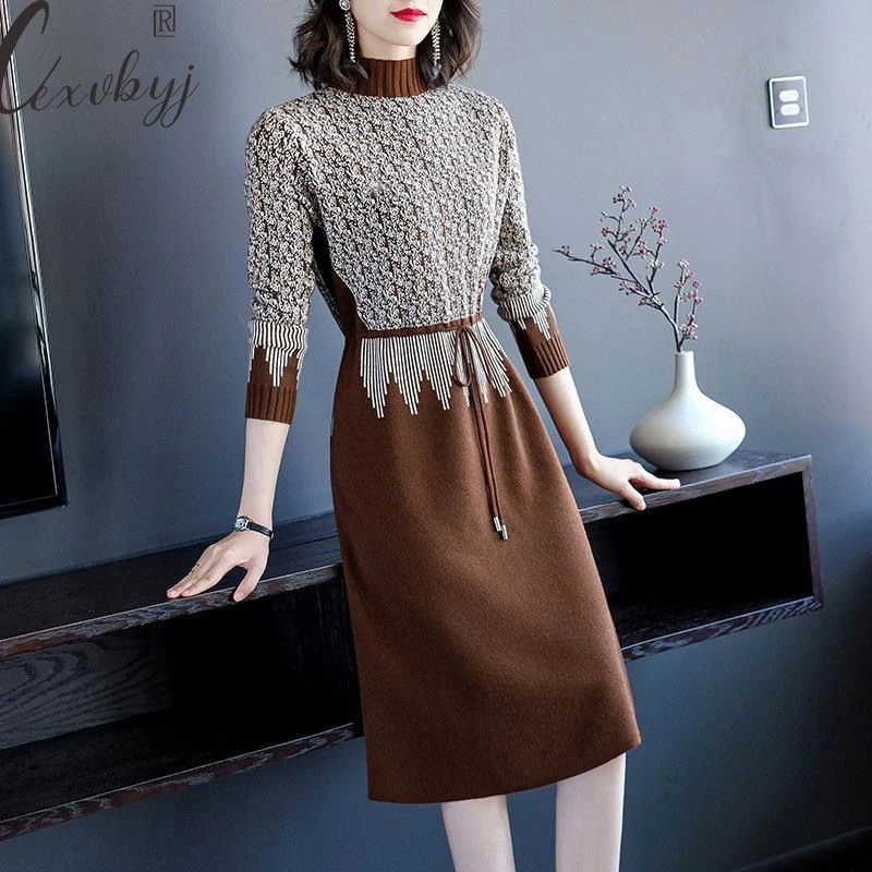 

Oversized Print Knitted Dress Women Casaul Half High Collar Sweater Dress Autumn Winter Long Sleeve Knee-Length A-Line Vestido