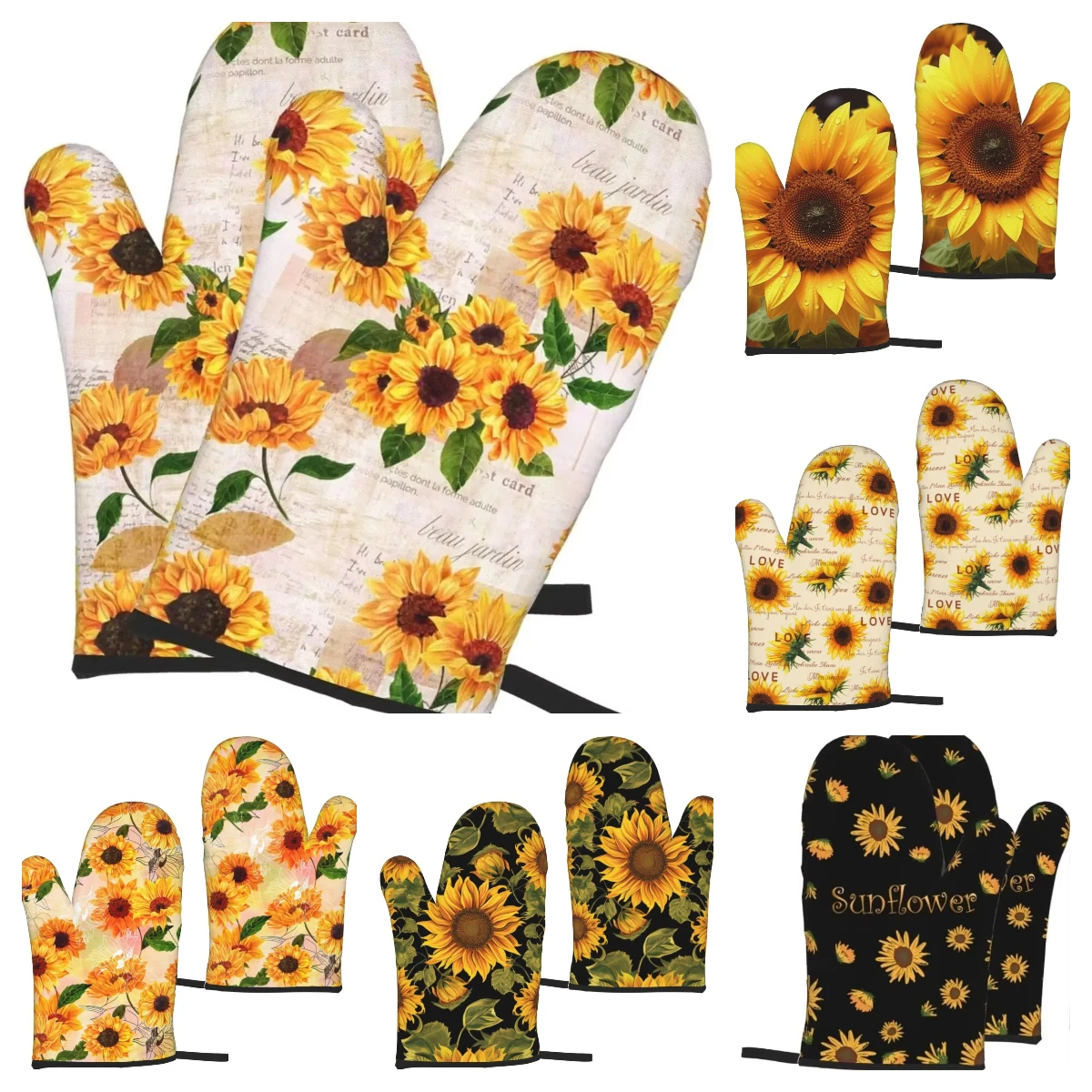 2pcs Sunflower Floral Print Oven Mitts Heat Resistant Kitchen Waterproof Gloves with Inner Cotton Layer For Cooking BBQ silicone oven mitts kitchen gloves cotton pot holders