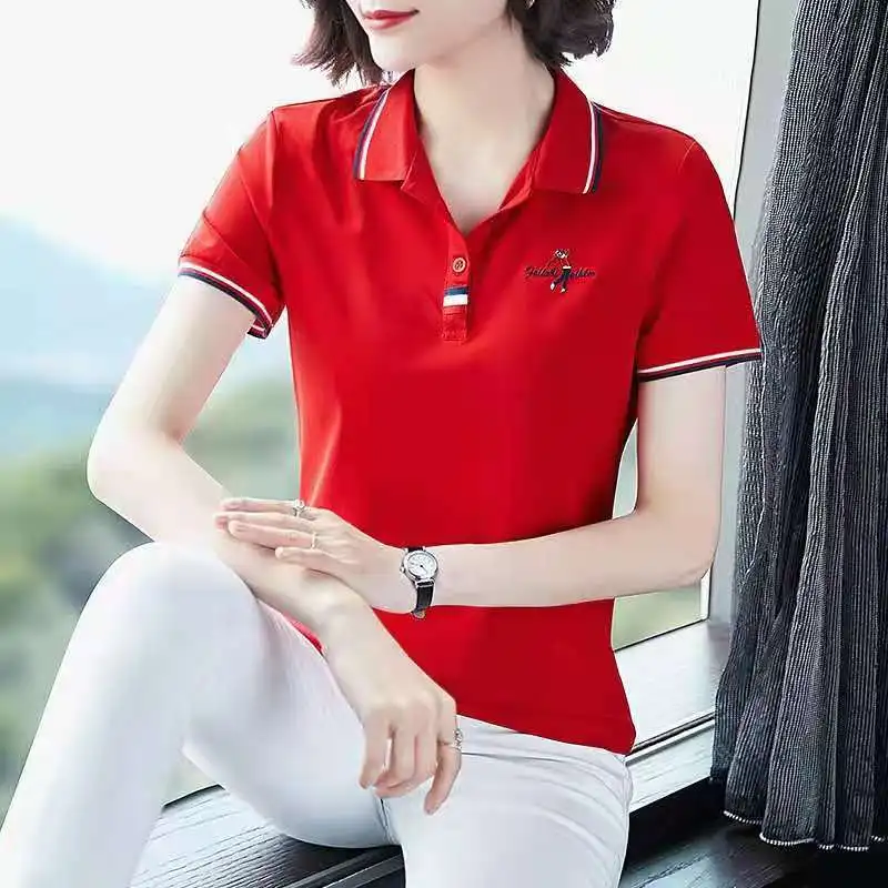 M-5xl Womens Polo Shirts Summer Female Tops Tees Short Sleeve Letter Turn-down Collar Loose Commuting Ladies Clothes H32