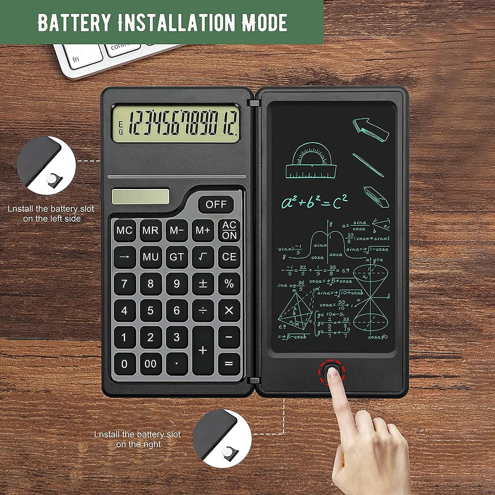 2 IN 1 Foldable Solar Energy Calculator 12 Digits LCD Display with 6 Inch Writing Tablet Pen for Office Business School