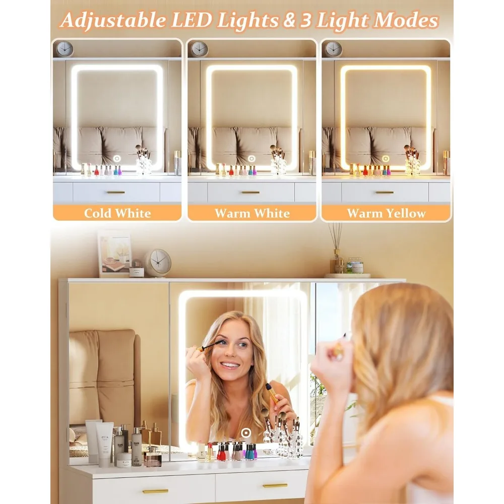 Vanity Desk with Mirror and Lights,47.2",Vanity with 11Storage Drawers and Hidden Storage Shelves,with Charging Stations & 3 LED 4