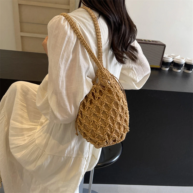 Summer Beach Bag For Women Mesh Rope Knitted Bucket Shoulder Bags