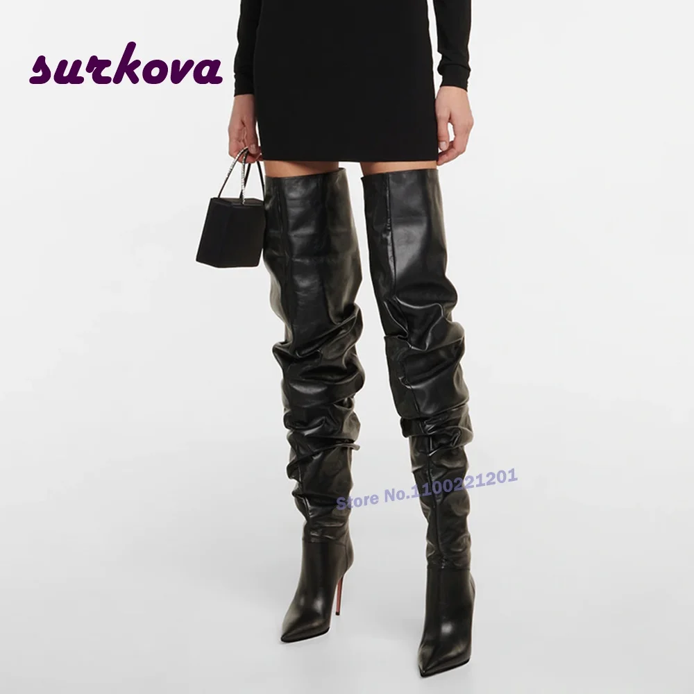 

Pleated Over The Knee Boots Pointy Toe Stiletto Heels Women's Boots Black Slip On Large Size 43 Solid Thigh High Boots Casual