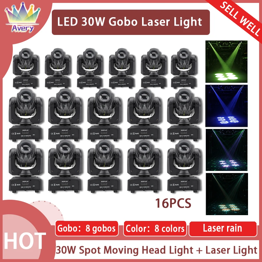 

No Tax 16Pcs 30W LED Laser Spot Moving Head Stage Effect Lighting For DJ Disco Events Party DMX Lamp 8 Gobos 8 Colors Beam