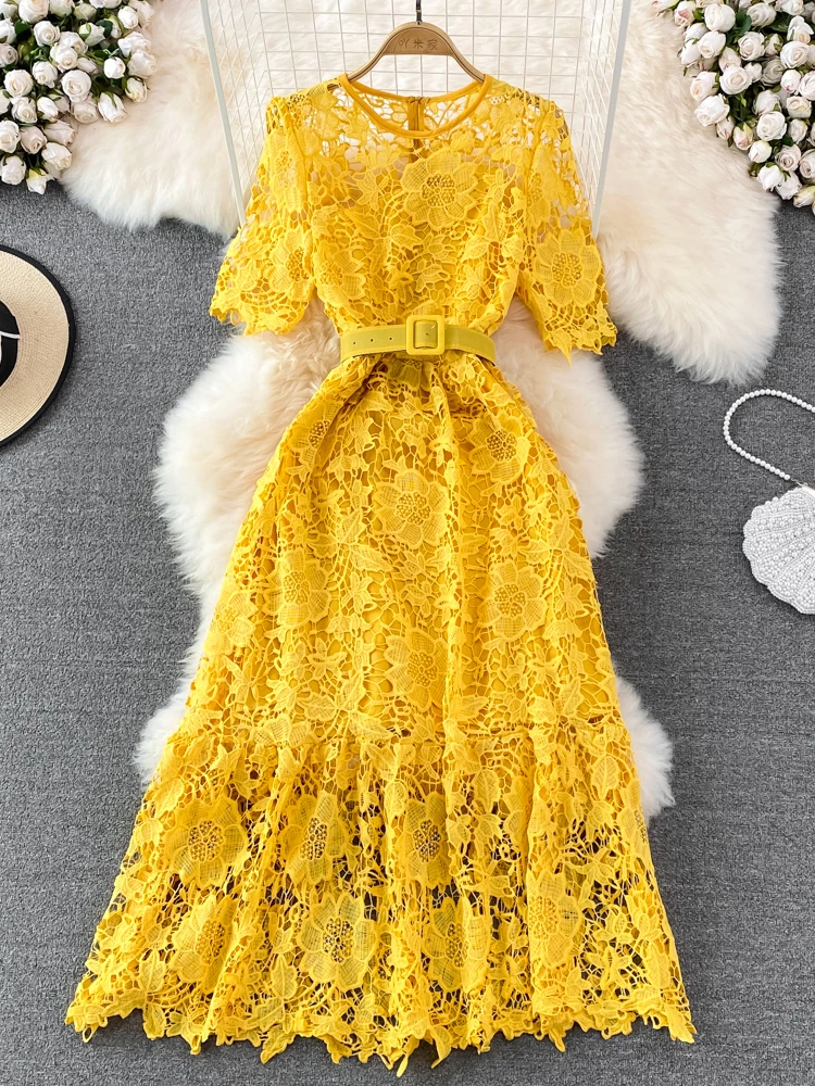 Saunter Along Yellow Lace Midi Dress  Lace summer dresses, White lace long  sleeve dress, Yellow lace dresses